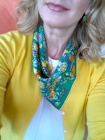 Green Fleurs et Papillons de Tissus with yellow sweater.jpeg