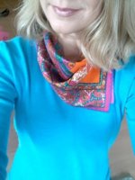 Hot Pink Tapis Persans Gavroche with blue sweater.jpeg
