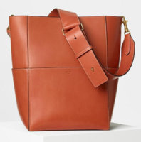 Celine Sangle Bucket Shoulder Leather Canvas Beige Red 8107