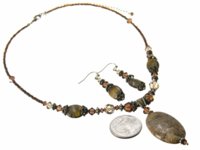 GENUINE SEMI PRECIOUS STONE NECKLACE SET  SWAROVSKI CRYSTAL BEADS  ONYX  QUARTZ  SEEDBEAD CORD  LOBS