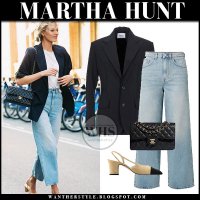martha hunt in black blazer wide leg jeans and beige slingback pumps new york april 3 2019.jpg