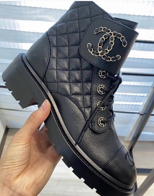 CHANEL Shiny Calfskin Quilted Lace Up Combat Boots 41 Black 1152227